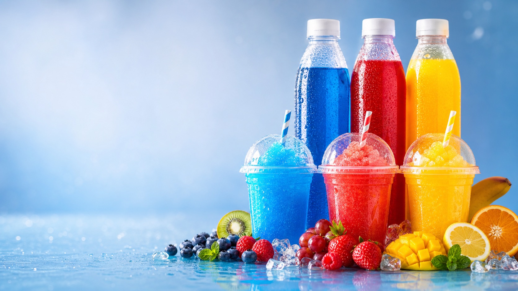 Drei farbige Slush-Getränke mit passenden Sirupflaschen und frischem Obst